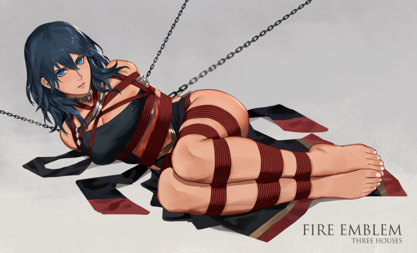 barefoot bdsm blue_eyes bondage bound byleth_(fire_emblem) byleth_eisner_(female) chain chained feet fire_emblem fire_emblem_heroes garreg_mach_monastery_uniform highres kidnapped medium_hair rainnear ribbon_braid rope shibari