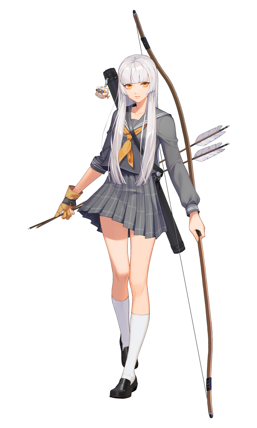 1girl absurdres arrow asymmetrical_sleeves black_footwear black_survival bow_(weapon) expressionless full_body gloves grey_skirt highres holding holding_arrow holding_bow_(weapon) holding_weapon kneehighs loafers long_hair official_art one_touch plaid plaid_skirt pleated_skirt quiver school_uniform shoes single_glove skirt solo standing transparent_background weapon white_hair white_legwear yellow_eyes