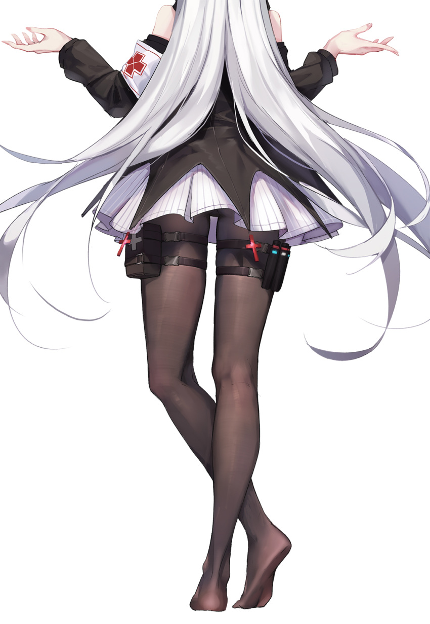 1girl am1m arknights armband bare_shoulders black_dress black_legwear cross dress from_behind hands_up head_out_of_frame highres long_hair long_sleeves no_shoes pantyhose short_dress simple_background solo standing thigh_pouch very_long_hair warfarin_(arknights) white_background white_hair