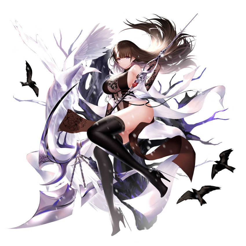 1girl absurdres an_yasuri animal axe bare_shoulders bird black_dress black_footwear boots breasts brown_gloves brown_hair china_dress chinese_clothes commentary_request dress elbow_gloves floating_hair full_body gloves high_heel_boots high_heels highres holding holding_weapon large_breasts long_hair looking_at_viewer off_shoulder original pelvic_curtain polearm red_eyes revision simple_background sleeveless sleeveless_dress solo thigh-highs thigh_boots thighs weapon white_background