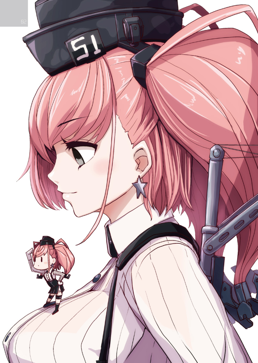 2girls 5inch_twin_dual-purpose_gun_mount anchor_hair_ornament atlanta_(kantai_collection) bangs black_eyes blush boushi-ya breasts brown_hair earrings eyebrows_visible_through_hair fairy_(kantai_collection) from_side garrison_cap hair_ornament hat headgear highres jewelry kantai_collection large_breasts long_hair minigirl multiple_girls profile rigging simple_background single_earring skirt smile star star_earrings suspender_skirt suspenders two_side_up upper_body white_background