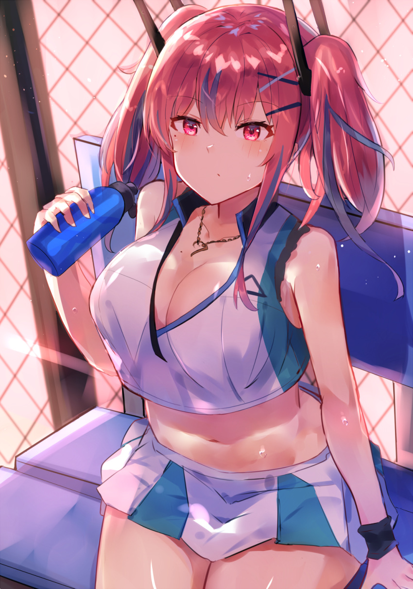 1girl azur_lane bangs bare_shoulders bench bottle bow breasts bremerton_(azur_lane) bremerton_(scorching-hot_training)_(azur_lane) chain-link_fence commentary_request crop_top crop_top_overhang eyebrows_visible_through_hair fence grey_hair hair_between_eyes hair_bow hair_ornament hairclip heart heart_necklace highres large_breasts long_hair mole mole_on_breast mole_under_eye multicolored_hair outdoors partial_commentary pink_hair shirt sleeveless sleeveless_shirt sportswear streaked_hair tennis_uniform twintails two-tone_hair two-tone_shirt two-tone_skirt water_bottle x_hair_ornament xenonstriker