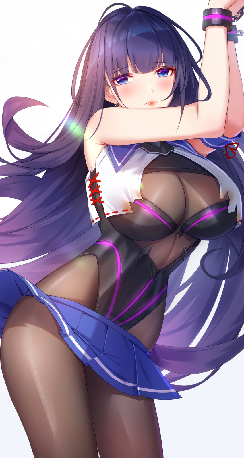 1girl absurdres arms_up bangs bare_shoulders benghuai_xueyuan black_leotard blue_eyes blue_skirt bodystocking bodysuit bound bound_wrists breasts brown_bodysuit chain cleavage_cutout crop_top cuffs earrings eyebrows_visible_through_hair highleg highleg_leotard highres honkai_(series) honkai_impact_3rd jewelry large_breasts leotard long_hair looking_at_viewer miniskirt pleated_skirt purple_hair raiden_mei raiden_mei_(lightning_empress) revision see-through skirt skirt_lift solo torn_clothes very_long_hair white_background wind wind_lift wu_ganlan_cai