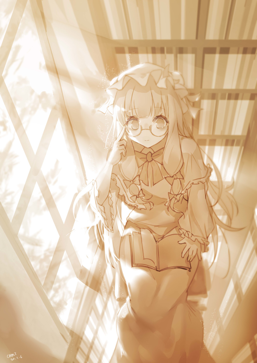 1girl absurdres adjusting_eyewear book book_stack bookshelf bow capelet croci dress expressionless from_above glasses hair_bow hat highres indoors library long_hair long_sleeves looking_at_viewer mob_cap patchouli_knowledge sepia sidelocks sitting solo touhou window