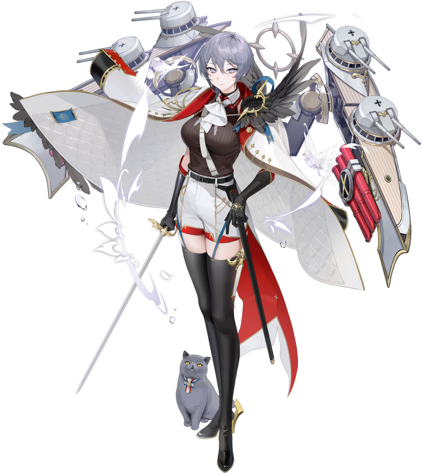 1girl aiguillette animal ascot azur_lane bangs bellona_(azur_lane) belt between_breasts black_belt black_feathers black_gloves black_legwear boots breasts brown_shirt cat closed_mouth detached_collar feathers full_body gloves grey_eyes grey_hair hair_between_eyes high_heels highres holding holding_sword holding_weapon jacket jacket_on_shoulders large_breasts looking_at_viewer official_art ohisashiburi rigging shirt short_hair shorts simple_background sleeveless solo standing strap_between_breasts sweater sword thigh_boots transparent_background turret turtleneck turtleneck_sweater unsheathed weapon white_ascot white_jacket white_shorts