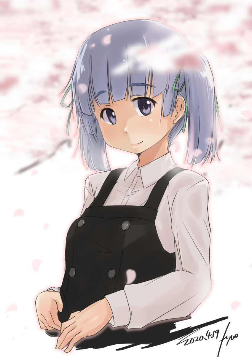 1girl bangs blunt_bangs blurry brown_eyes dated depth_of_field dress flower fyuo grey_hair highres kantai_collection long_sleeves ooshio_(kantai_collection) pinafore_dress school_uniform shirt short_twintails signature sleeveless sleeveless_dress smile solo twintails upper_body white_shirt