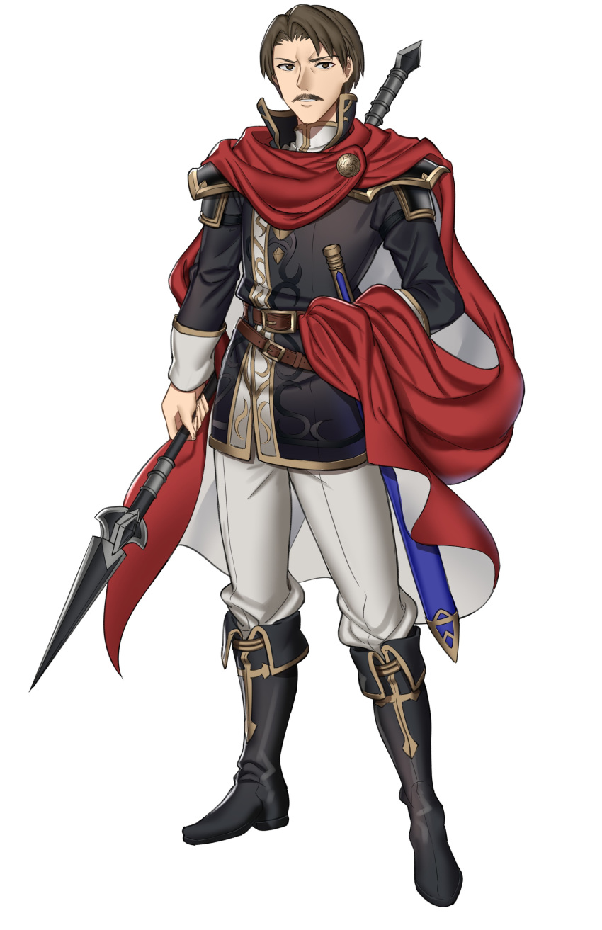 1boy absurdres adapted_costume belt boots brown_eyes brown_hair commentary ebinku facial_hair fire_emblem fire_emblem:_genealogy_of_the_holy_war full_body hand_on_hip highres lance male_focus mustache oifey_(fire_emblem) open_mouth pants polearm serious shoulder_armor solo standing sword weapon white_background