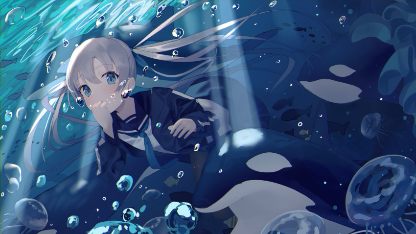 1girl air_bubble blue_eyes bubble grey_hair highres idemitsu long_hair looking_at_viewer neckerchief orca original pantyhose school_uniform serafuku soap_bubbles underwater