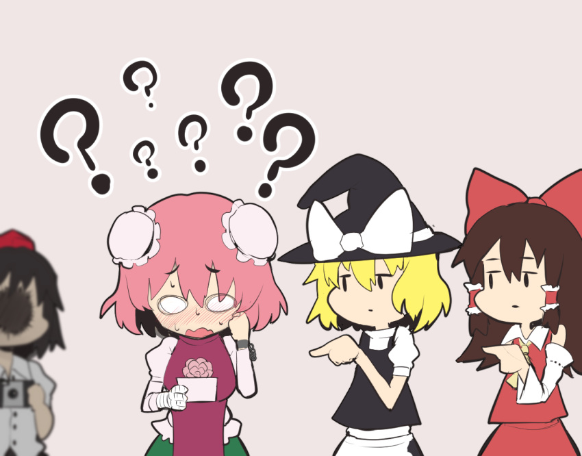 4girls ? apron ascot bandaged_arm bandages black_hair black_headwear black_skirt black_vest blonde_hair blush bow breasts brown_hair bun_cover camera chain chibi closed_mouth collared_shirt comedy confused cowboy_shot cuffs detached_sleeves double_bun embarrassed eyebrows_visible_through_hair face_punch gomeifuku green_skirt hair_between_eyes hair_bow hair_tubes hakurei_reimu handcuffs hat hat_bow hollow_eyes ibaraki_kasen in_the_face kirisame_marisa lavender_background long_hair multiple_girls nontraditional_miko open_mouth picture_(object) pink_hair pointing punched punching red_skirt shameimaru_aya shirt short_hair simple_background skirt sweat sweatdrop sweating_profusely tabard tokin_hat touhou turtleneck vest white_shirt wing_collar witch_hat yellow_neckwear
