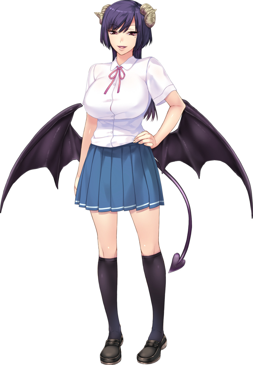 1girl black_footwear black_legwear black_wings blue_skirt breasts demon_horns demon_wings dress_shirt eyebrows_visible_through_hair full_body hand_on_hip highres horns huge_breasts kneehighs loafers long_hair low_wings manabe_riri marshmallow_imouto_succubus mole mole_under_eye open_mouth pleated_skirt shirt shoes short_sleeves skirt solo standing sumeragi_kohaku transparent_background white_shirt wings