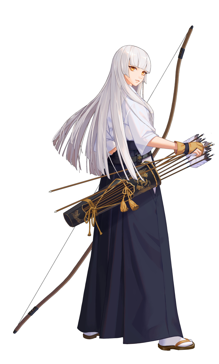 1girl absurdres arrow bangs black_hakama black_survival blunt_bangs bow_(weapon) expressionless full_body gloves hakama highres holding holding_arrow holding_bow_(weapon) holding_weapon japanese_clothes long_hair official_art one_touch quiver sandals sleeves_past_elbows solo standing tabi transparent_background weapon white_hair yellow_eyes