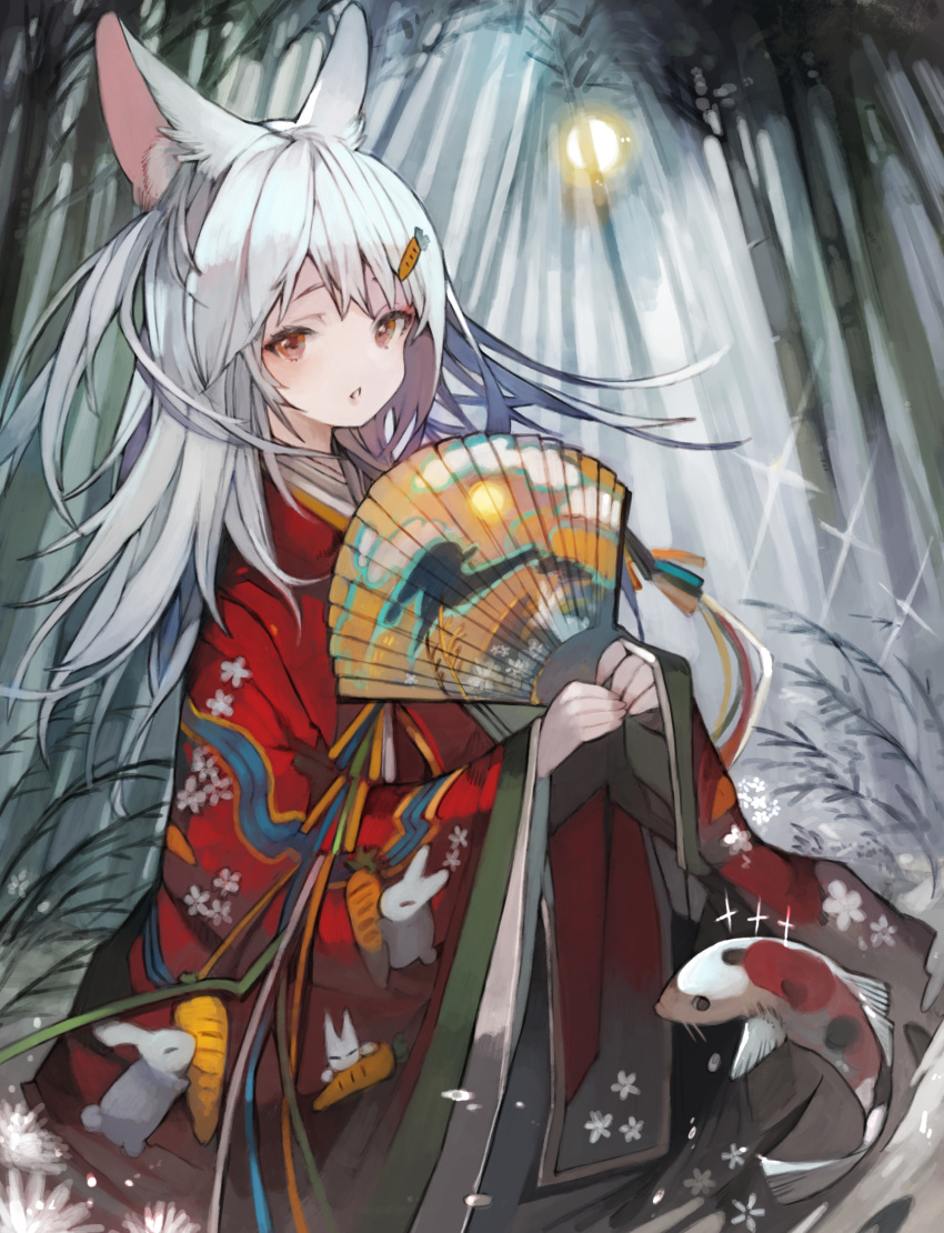 1girl animal_ear_fluff animal_ears animal_print bamboo bamboo_forest bangs carrot_hair_ornament carrot_print commentary commission cowboy_shot folding_fan food-themed_hair_ornament food_print forest furisode hair_ornament hand_fan highres holding holding_fan japanese_clothes kemomin_nosuke kimono koi long_hair looking_at_viewer nature orange_eyes original outdoors parted_lips rabbit_ears red_kimono skeb_commission solo sparkle standing white_hair
