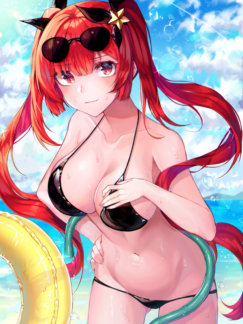 1girl absurdres azur_lane bikini black_bikini black_ribbon blue_sky blush breasts commentary_request eyebrows_visible_through_hair eyewear_on_head fage hair_ribbon highres honolulu_(azur_lane) honolulu_(summer_accident?!)_(azur_lane) large_breasts long_hair looking_at_viewer navel red_eyes redhead revision ribbon sky solo sunglasses swimsuit twintails very_long_hair water