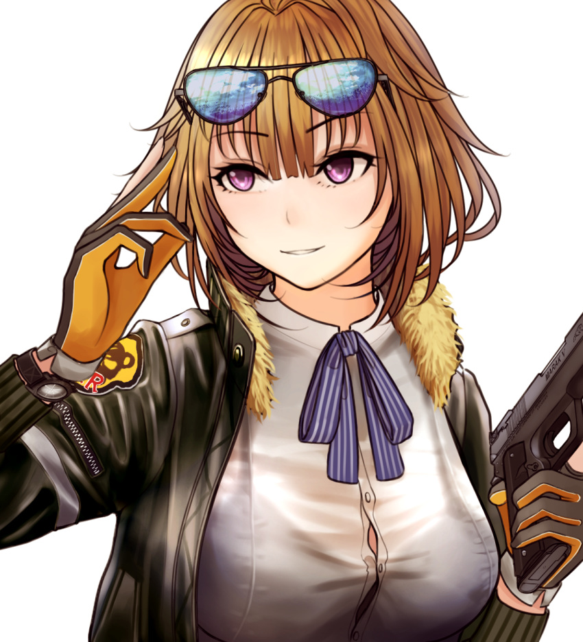 1girl blonde_hair blue-tinted_eyewear bra commentary english_commentary eyebrows_visible_through_hair eyewear_on_head fur_trim girls_frontline gloves green_jacket grizzly_mkv grizzly_mkv_(girls_frontline) gun hand_up highres holding holding_gun holding_weapon jacket long_sleeves neck_ribbon open_clothes open_jacket orange_gloves partly_fingerless_gloves purple_ribbon ribbon see-through shirt short_hair simple_background smile solo sunglasses testame underwear upper_body violet_eyes weapon white_background white_shirt