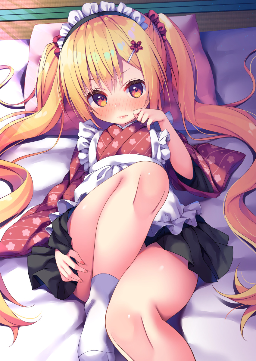 1girl absurdres apron asa_no_ha bangs blonde_hair blush frilled_apron frills full-face_blush hair_ornament hairclip highres japanese_clothes kimono long_hair looking_at_viewer lying maid_headdress on_back original pillow red_eyes solo twintails