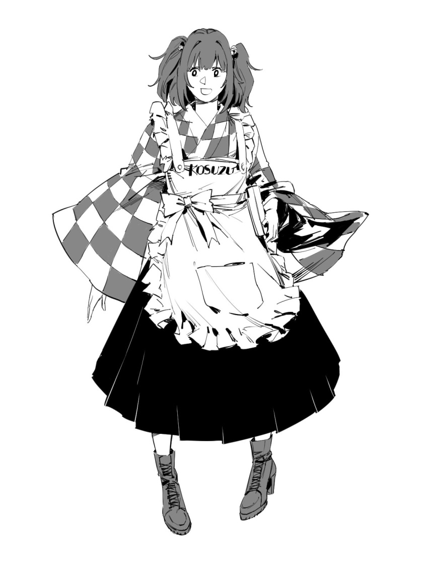 1girl :d ankle_boots apron bell book boots bright_pupils checkered checkered_dress cross-laced_footwear dress full_body greyscale hair_bell hair_ornament high_heel_boots high_heels highres holding holding_book jingle_bell long_skirt long_sleeves looking_at_viewer maid_apron monochrome motoori_kosuzu open_mouth pleated_skirt ruukii_drift short_hair simple_background skirt skirt_under_dress smile solo touhou twintails white_background wide_sleeves