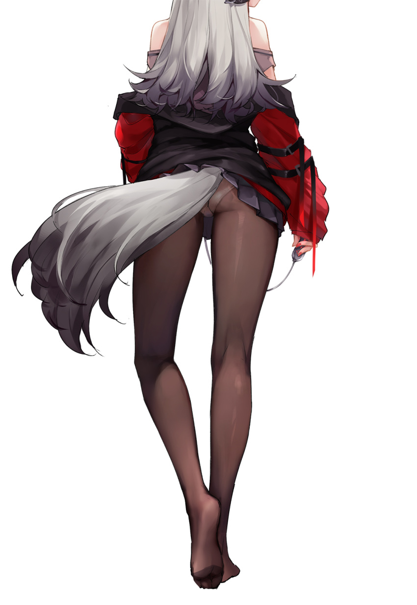 1girl am1m arknights bare_shoulders black_jacket black_legwear black_skirt fox_tail from_behind frostleaf_(arknights) grey_hair head_out_of_frame highres jacket jacket_removed miniskirt no_shoes panties panties_under_pantyhose pantyhose pleated_skirt simple_background skirt solo standing tail underwear white_background