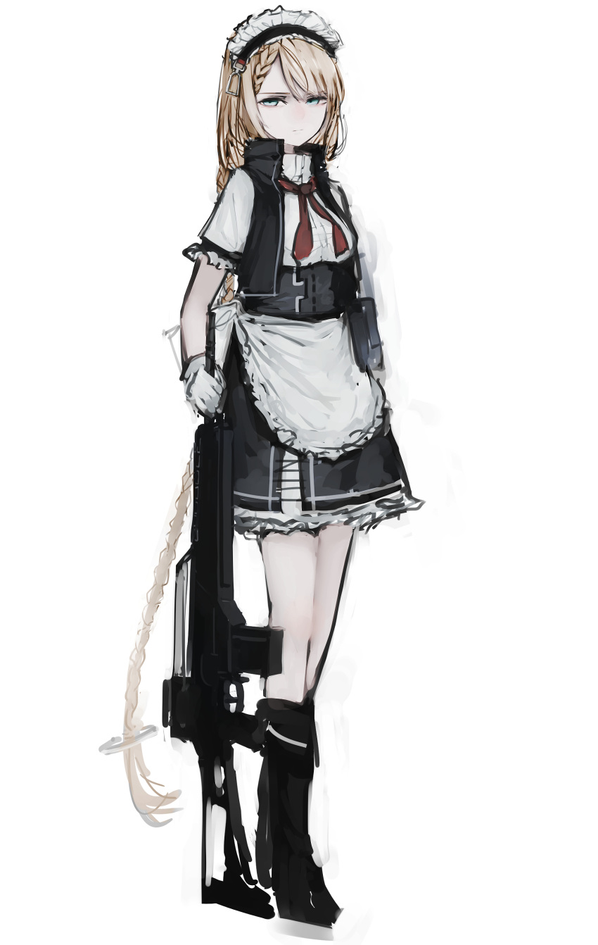 1girl absurdres apron assault_rifle asymmetrical_bangs bangs black_footwear black_skirt blonde_hair blue_eyes boots braid closed_mouth full_body g36_(girls_frontline) girls_frontline gun h&amp;k_g36 highres long_hair maid_headdress miniskirt necktie rampart1028 red_neckwear rifle shirt simple_background skirt solo standing underbust very_long_hair weapon white_apron white_background white_shirt