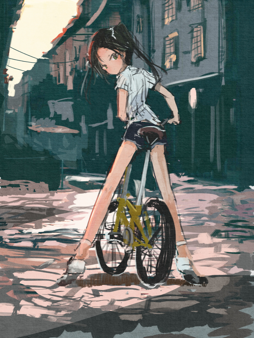 1girl absurdres alternate_costume bicycle black_hair blush building city denim denim_shorts francesca_lucchini green_eyes ground_vehicle hair_ribbon highres kabuyama_kaigi long_hair looking_at_viewer looking_back ribbon road short_shorts shorts sketch solo street strike_witches texture twintails world_witches_series