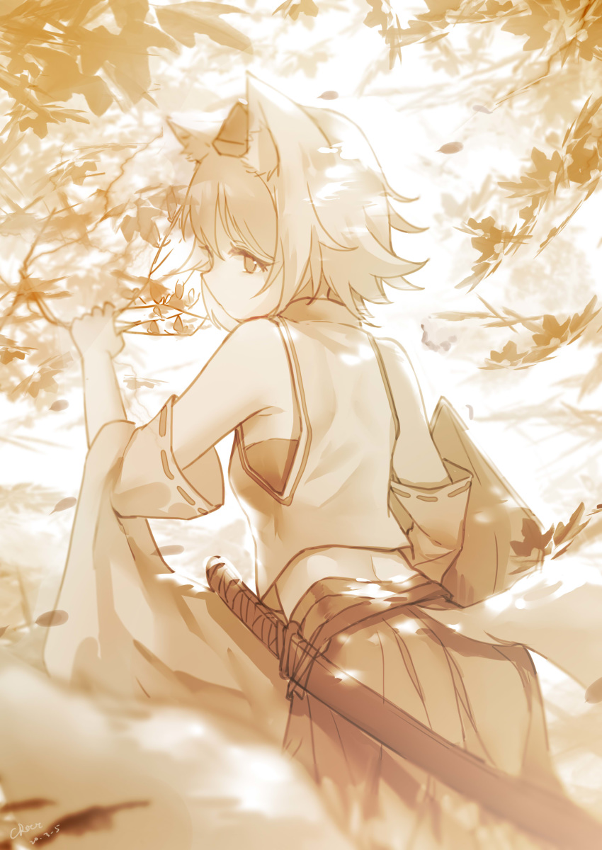 1girl absurdres animal_ear_fluff animal_ears artist_name croci dated detached_sleeves from_behind hat highres inubashiri_momiji midriff outdoors ribbon-trimmed_sleeves ribbon_trim sepia sheath sheathed shield short_hair skirt solo sword tail tokin_hat touhou weapon wolf_ears wolf_tail