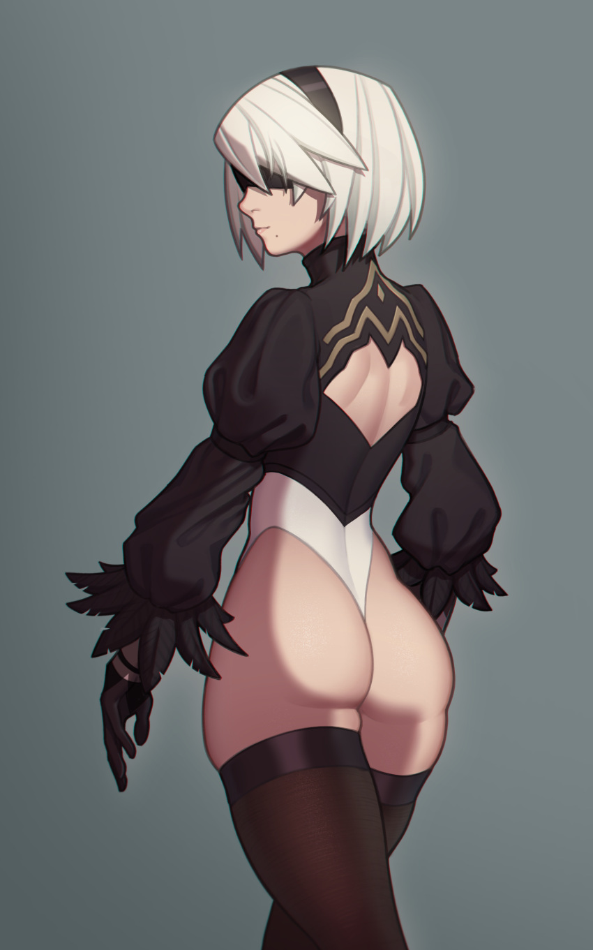 1girl absurdres ass back_cutout black_blindfold black_gloves black_hairband black_legwear blindfold boots clothing_cutout covered_eyes feather-trimmed_sleeves fellming gloves grey_hair hairband highres juliet_sleeves leotard long_sleeves mole mole_under_mouth nier_(series) nier_automata no_bra nose puffy_sleeves short_hair solo thick_thighs thigh-highs thigh_boots thighhighs_under_boots thighs thong_leotard walking_away white_leotard yorha_no._2_type_b