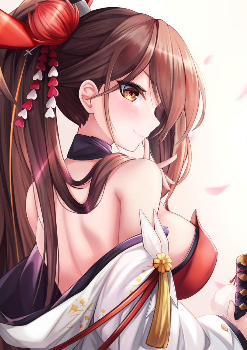 1girl absurdres azur_lane back bare_shoulders breasts brown_eyes brown_hair dress flower from_behind hair_flower hair_ornament hand_up high_ponytail highres holding jacket kanzashi large_breasts long_hair looking_at_viewer looking_back off_shoulder open_clothes open_jacket ponytail red_dress red_flower ryara_vivi sleeveless sleeveless_dress smile solo spider_lily strapless strapless_dress sword tassel weapon white_jacket zuikaku_(azur_lane)