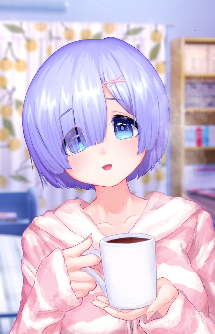 1girl bangs blue_eyes blue_hair blurry blurry_background breasts coffee collarbone commentary_request cup curtains eyebrows_visible_through_hair eyes_visible_through_hair hair_ornament hair_over_one_eye highres holding holding_cup indoors looking_at_viewer okubatomaeba open_mouth re:zero_kara_hajimeru_isekai_seikatsu rem_(re:zero) short_hair smile solo x_hair_ornament