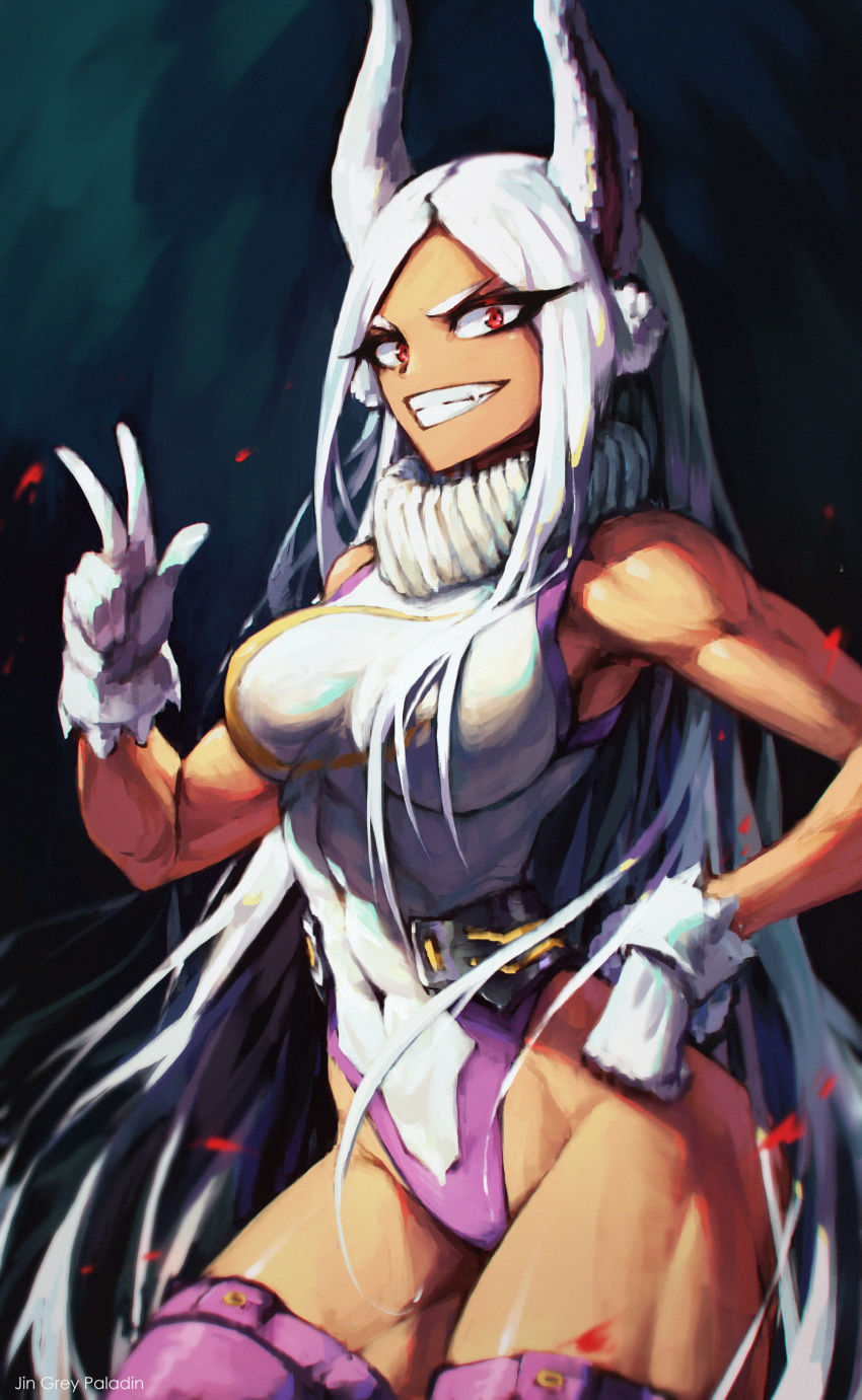 1girl absurdres animal_ears artist_name bangs biceps black_background boku_no_hero_academia breasts bunny_tail commentary covered_navel crescent_print dark_skin english_commentary eyebrows fang fur_collar gloves grin hand_on_hip highleg highleg_leotard highres impossible_clothes impossible_leotard jin_grey_paladin leotard long_eyelashes long_hair looking_at_viewer medium_breasts mirko muscle muscular_female parted_bangs purple_legwear rabbit_ears red_eyes slender_waist smile solo standing tail tail_through_clothes taut_leotard thick_thighs thigh-highs thighs v very_long_hair white_gloves white_hair white_leotard