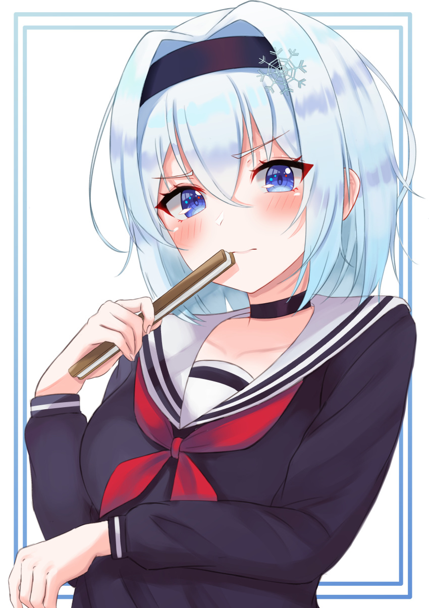 1girl absurdres black_choker black_hairband black_serafuku blue_eyes blue_hair blush choker closed_mouth eyebrows_visible_through_hair fan hair_ornament hairband highres holding holding_fan kano_(wi3028) long_sleeves looking_at_viewer red_neckwear ryuuou_no_oshigoto! sailor_collar school_uniform serafuku short_hair snowflake_hair_ornament solo sora_ginko upper_body v-shaped_eyebrows white_sailor_collar