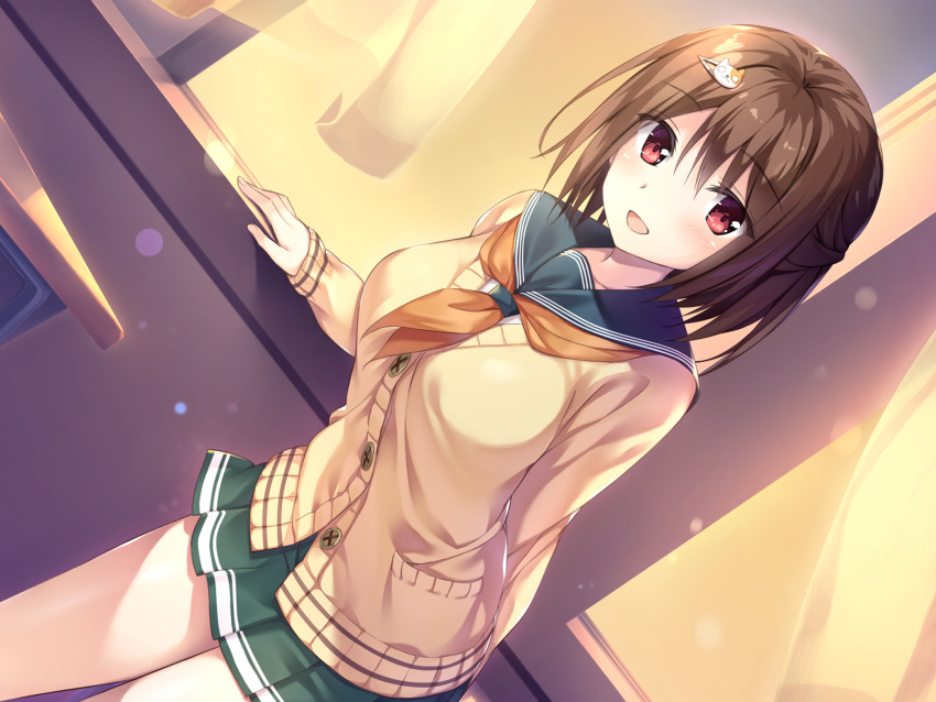 1girl :d aibeya aikagi_(azarashi_soft) bangs bare_thighs breasts brown_hair cardigan cat_hair_ornament classroom curtains desk dutch_angle eyebrows_visible_through_hair game_cg green_skirt hair_ornament hairclip highres looking_at_viewer medium_breasts medium_hair open_mouth oryou pleated_skirt red_eyes red_ribbon ribbon sailor_collar school_desk school_uniform skirt smile solo window