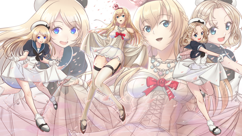 3girls bangs blonde_hair blue_eyes blue_sailor_collar braid corset crown dress flower french_braid full_body garter_straps gloves hair_between_eyes hat high_heels highres janus_(kantai_collection) jervis_(kantai_collection) kantai_collection long_hair long_sleeves mary_janes mini_crown mokerou multiple_girls off-shoulder_dress off_shoulder panties pantyshot parted_bangs red_flower red_ribbon red_rose ribbon rose sailor_collar sailor_dress sailor_hat shoes short_sleeves standing thigh-highs underwear warspite_(kantai_collection) white_dress white_gloves white_headwear white_legwear