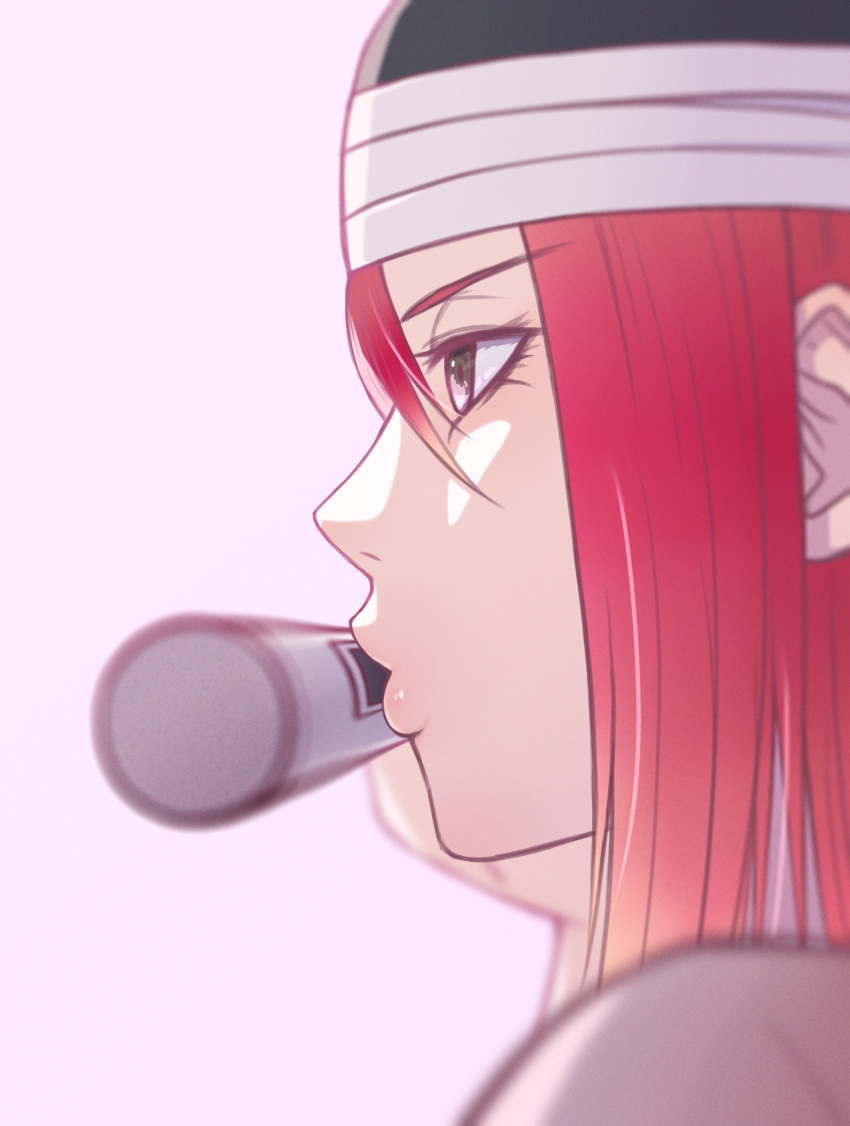 1girl absurdres bangs blue_background commentary_request face flute from_side hat highres instrument lips long_hair miru_(wvjc7832) naruto naruto_(series) redhead simple_background solo tayuya white_headwear