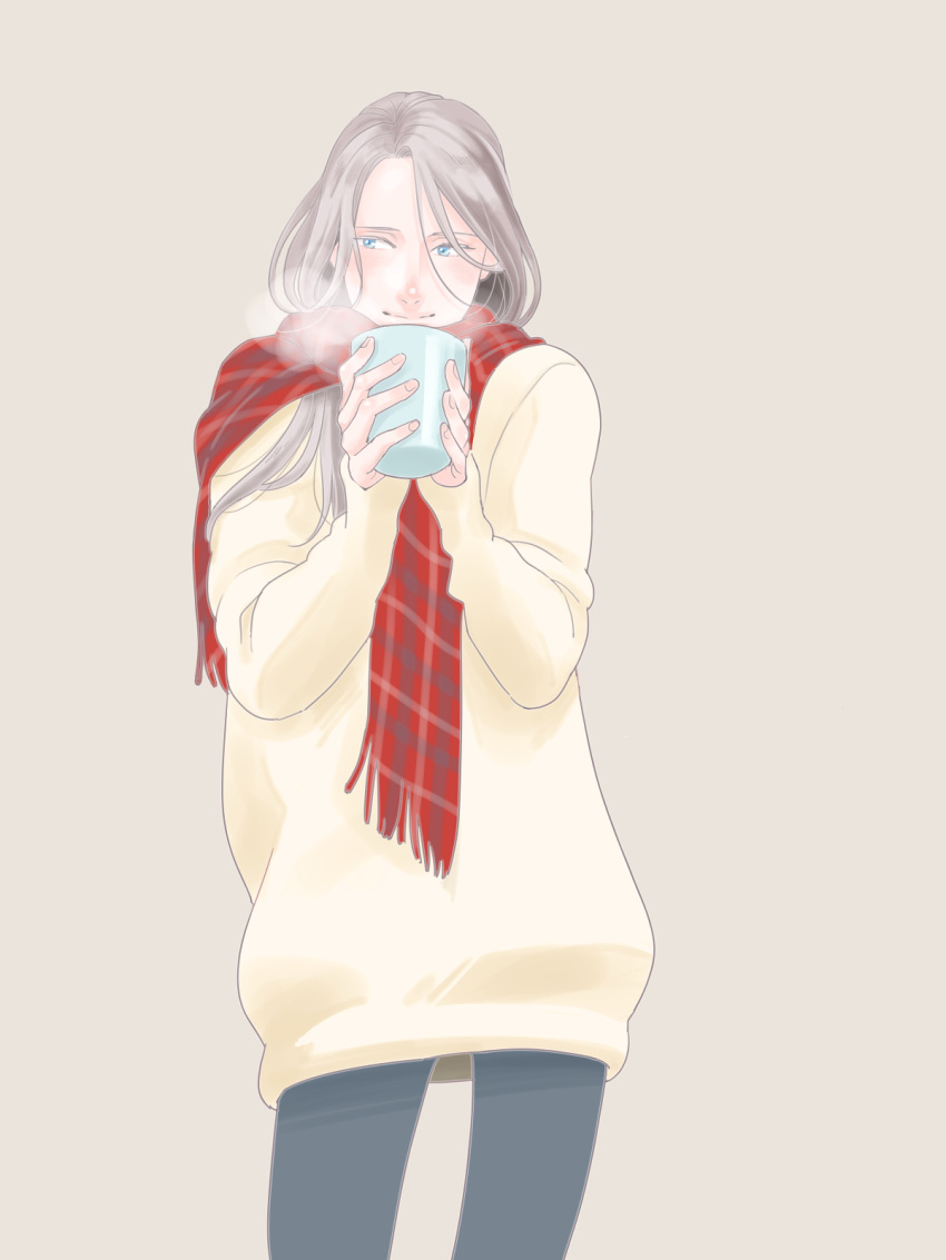 1boy blue_eyes cup grey_background highres long_hair male_focus mug natsuno_(natsunosho) plaid plaid_scarf scarf silver_hair smile steam sweater teenage viktor_nikiforov younger yuri!!!_on_ice