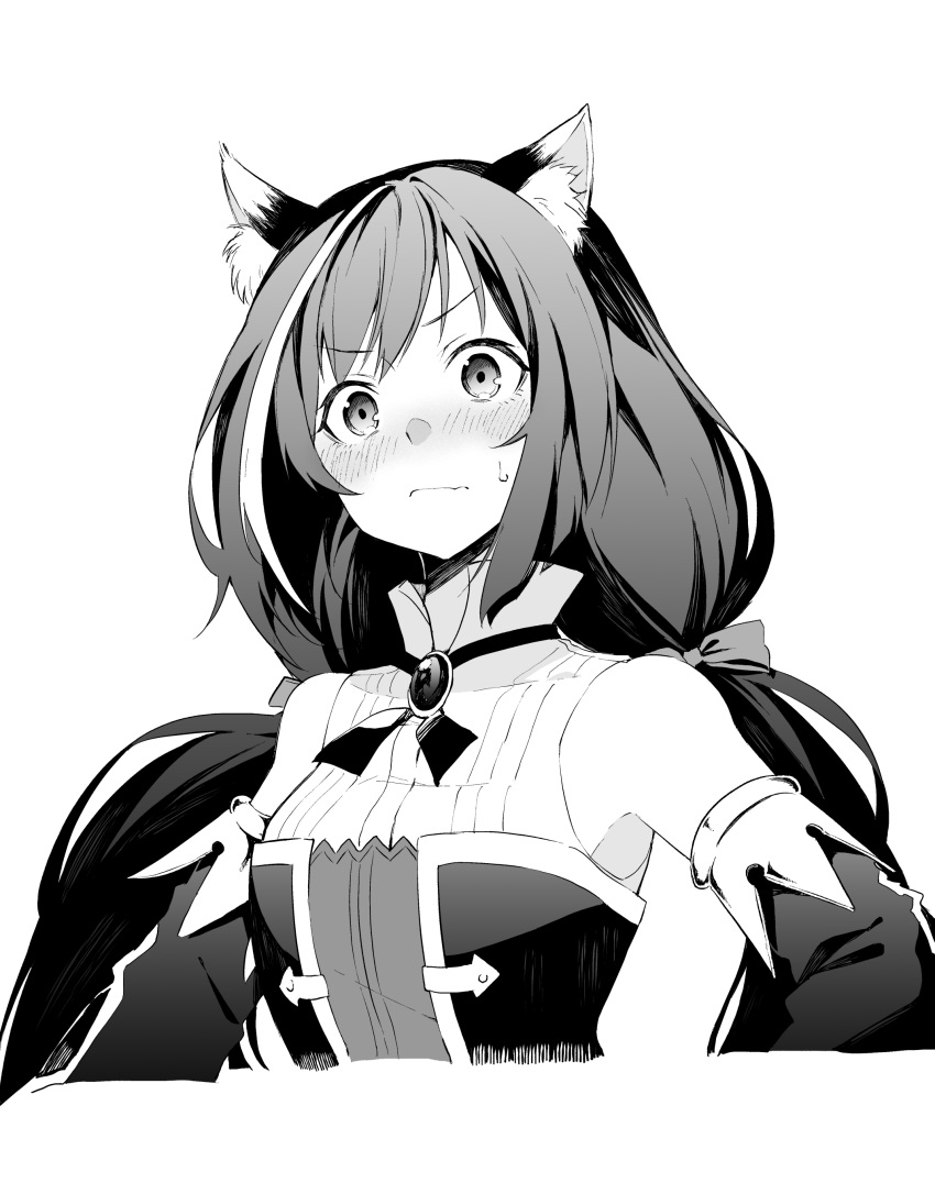 1girl absurdres animal_ears blush cat_ears detached_sleeves greyscale highres kyaru_(princess_connect) low_twintails monochrome multicolored_hair princess_connect! princess_connect!_re:dive streaked_hair sweatdrop tsukamoto_minori twintails