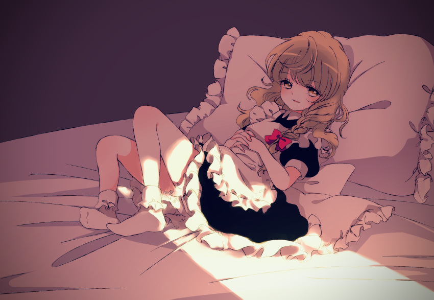 1girl apron black_dress blonde_hair bobby_socks braid commentary_request dark_room dress folded_leg frilled_skirt frills hair_ribbon hands_clasped hands_on_own_stomach head_on_pillow highres interlocked_fingers kirisame_marisa knees_up long_hair looking_at_viewer lying on_back on_bed own_hands_together parted_lips petticoat pillow pink_theme puffy_short_sleeves puffy_sleeves ribbon short_sleeves single_braid skirt smile socks solo touhou tress_ribbon very_long_hair white_legwear yellow_eyes yurigaoka_nayuki