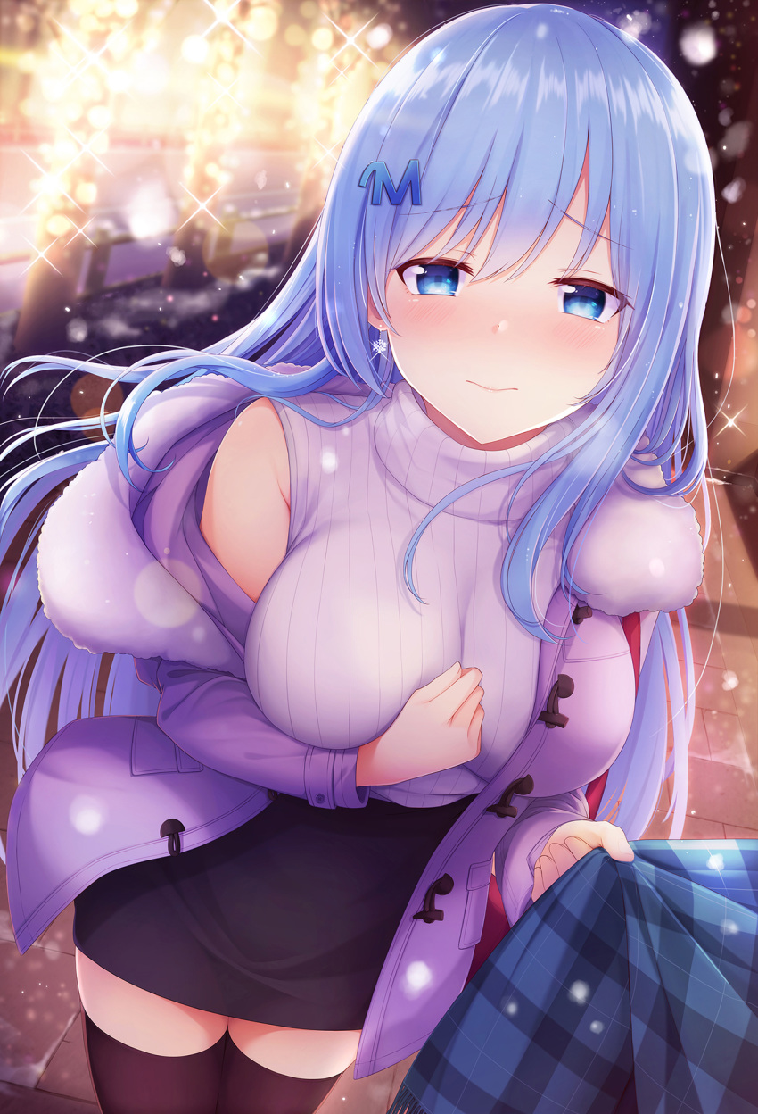 1girl bare_shoulders black_legwear black_skirt blue_eyes blue_hair blurry bokeh breasts closed_mouth clothes_tug coat commentary_request depth_of_field duffel_coat earrings emori_miku emori_miku_project frown hair_ornament hicha_nomu high-waist_skirt highres jewelry large_breasts long_hair looking_at_viewer miniskirt off_shoulder open_clothes open_coat pencil_skirt plaid plaid_scarf purple_coat ribbed_sweater scarf skirt sleeveless sleeveless_turtleneck snowing solo sparkle sweater thigh-highs turtleneck very_long_hair white_sweater zettai_ryouiki