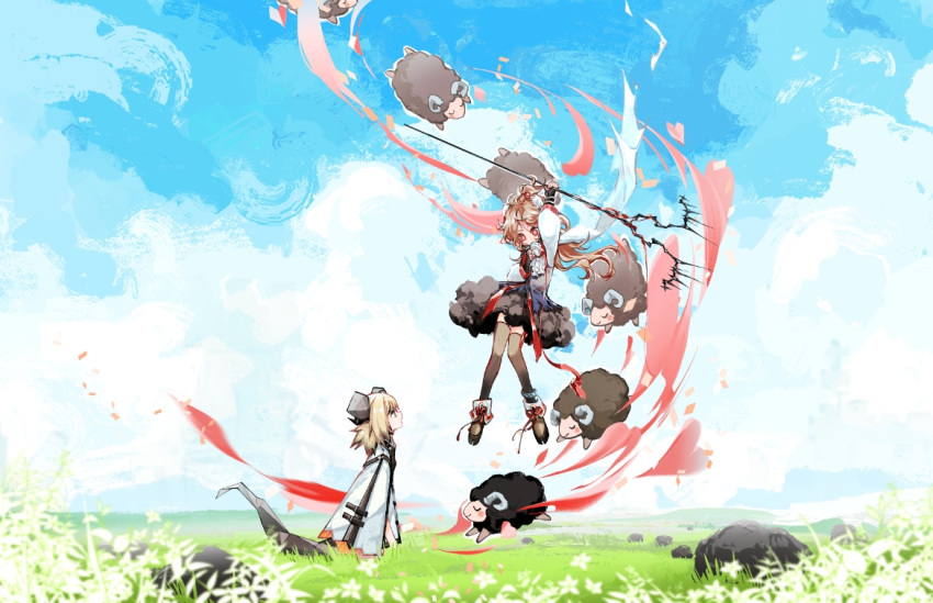 2girls animal_ears arknights arms_up black_footwear black_legwear blonde_hair blue_sky brown_hair chinese_commentary cloak clouds cloudy_sky day demon_horns demon_tail dress english_commentary eyjafjalla_(arknights) field floating flower from_side full_body gas_mask grass horns ifrit_(arknights) koli_(ssssoliko) long_hair looking_at_another mask_around_neck medium_hair mixed-language_commentary multiple_girls open_mouth outdoors platform_footwear profile red_eyes sheep sheep_ears sheep_horns short_dress sky staff standing tail thigh-highs thighs white_cloak white_dress wool zettai_ryouiki