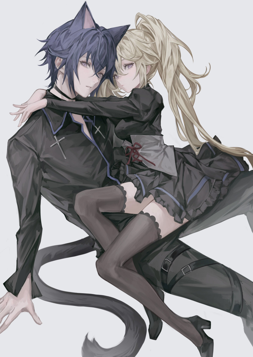 1boy 1girl absurdres animal_ears black_choker black_dress black_footwear black_legwear black_pants black_shirt blonde_hair breasts brother_and_sister cat_boy cat_ears cat_tail choker corset cross deadprince dress frilled_dress frilled_legwear frills full_body highres hoshina_utau hug juliet_sleeves latin_cross long_hair long_sleeves looking_at_viewer magical_boy medium_breasts pants parted_lips puffy_sleeves purple_hair shirt shugo_chara! siblings simple_background sitting sitting_on_person tail thigh_strap tsukiyomi_ikuto twintails violet_eyes white_background
