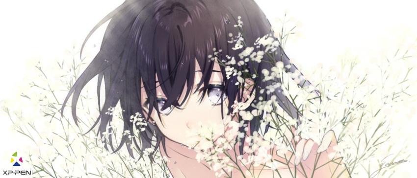 1girl bangs covered_mouth crossed_bangs fingernails flower flower_request hair_between_eyes hand_up looking_at_viewer nude original pink_nails purple_hair short_hair sogawa solo upper_body violet_eyes white_flower