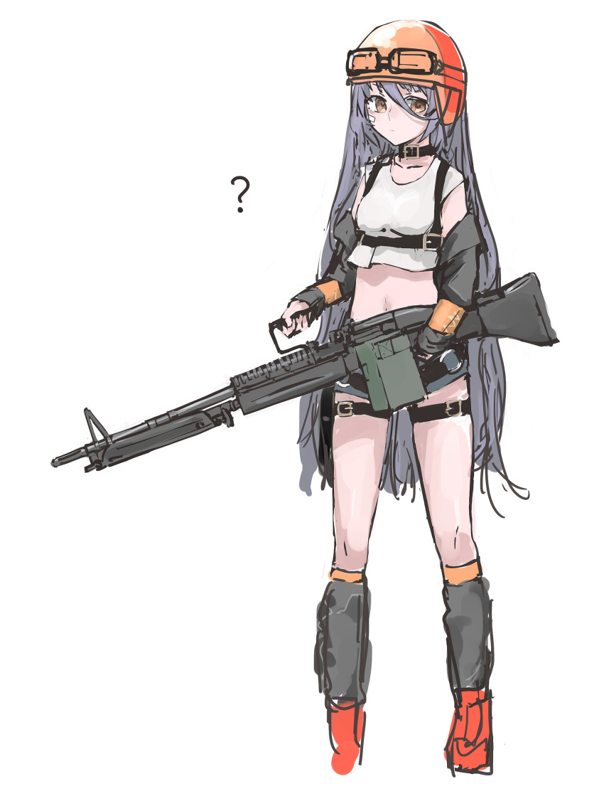 1girl ? absurdres black_legwear blue_shorts breasts brown_eyes choker closed_mouth detached_sleeves full_body girls_frontline goggles goggles_on_headwear grey_hair gun helmet highres holding holding_weapon long_hair looking_at_viewer m60 m60_(girls_frontline) machine_gun midriff orange_footwear orange_headwear rampart1028 shoes short_shorts shorts simple_background small_breasts solo standing tank_top thigh_strap very_long_hair weapon white_background white_tank_top