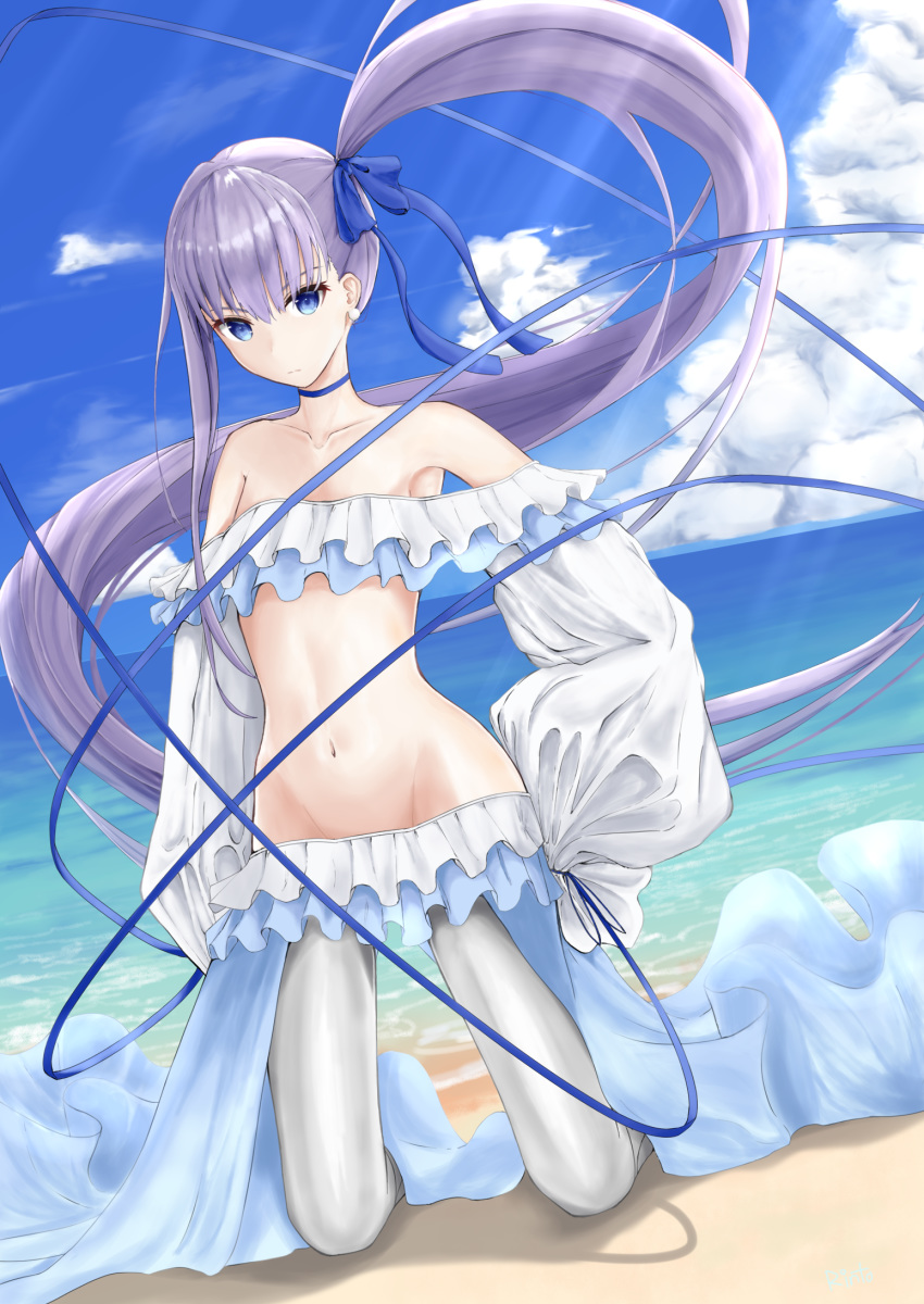 1girl bangs bare_shoulders beach bikini blue_eyes blue_ribbon blue_sky breasts choker closed_mouth collarbone commentary earrings fate/grand_order fate_(series) frilled_bikini frills hair_ribbon highres jewelry kneeling long_hair long_sleeves looking_at_viewer meltryllis meltryllis_(swimsuit_lancer)_(fate) ocean off-shoulder_swimsuit off_shoulder pantyhose puffy_sleeves purple_hair ribbon rinto_(ronto66) side_ponytail sky sleeves_past_fingers sleeves_past_wrists small_breasts solo swimsuit thighs very_long_hair white_bikini white_legwear