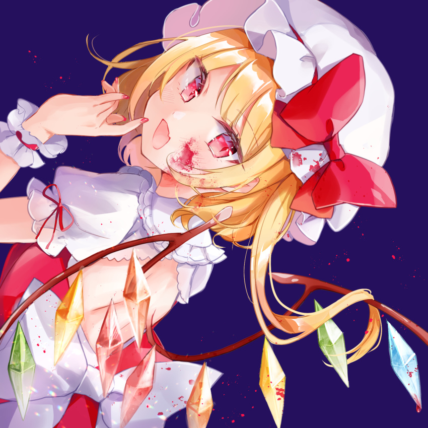 1girl :d backless_outfit bangs blonde_hair blood blood_on_face bloody_clothes blush bow collared_shirt crystal dutch_angle eyebrows_visible_through_hair fang flandre_scarlet frilled_shirt_collar frills hand_up hat highres long_hair looking_at_viewer looking_back mob_cap moko_(3886397) nail_polish one_side_up open_mouth puffy_short_sleeves puffy_sleeves purple_background red_bow red_eyes red_nails red_vest shirt short_sleeves simple_background smile solo touhou vest white_bow white_headwear white_shirt wings wrist_cuffs