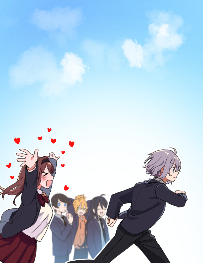 &gt;_&lt; 1girl 4boys absurdres ahoge arms_behind_head asuma_(hanezu) black_hair blazer blue_eyes blue_sky blush bow brown_hair chasing contemporary female_saniwa_(touken_ranbu) green_eyes heart highres honebami_toushirou horikawa_kunihiro jacket multiple_boys namazuo_toushirou necktie open_mouth orange_hair pleated_skirt running saniwa_(touken_ranbu) school_uniform silver_hair skirt sky smile touken_ranbu urashima_kotetsu violet_eyes