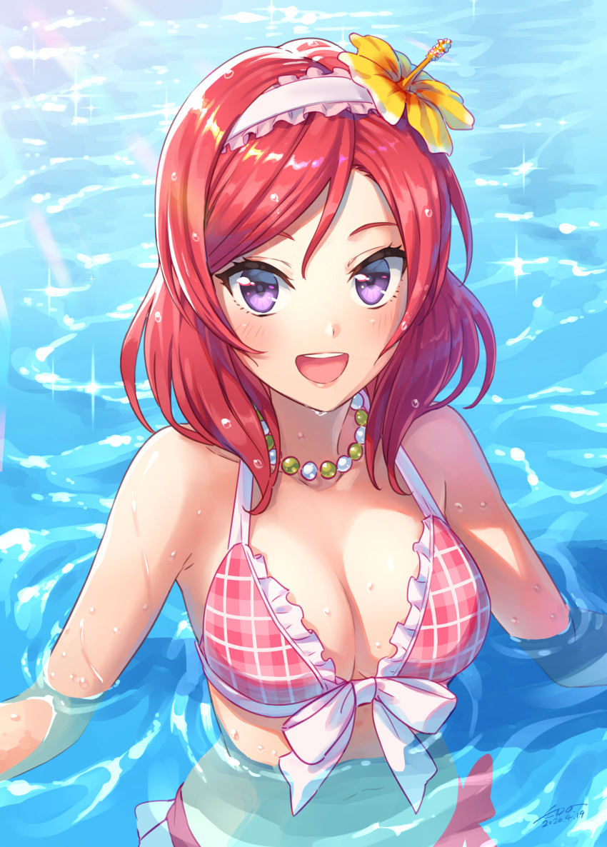 1girl :d bikini blush breasts commentary_request dated flower hair_flower hair_ornament hairband highres jewelry looking_at_viewer love_live! love_live!_school_idol_project medium_breasts necklace nishikino_maki open_mouth partially_submerged plaid plaid_bikini red_bikini redhead short_hair signature smile solo swimsuit upper_teeth violet_eyes water wedo wet white_hairband