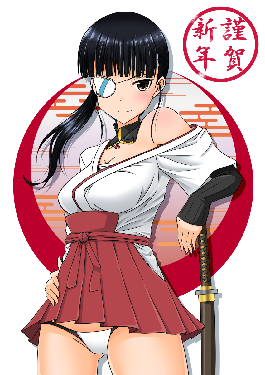1girl absurdres bangs black_eyes black_hair blunt_bangs breasts closed_mouth commentary cowboy_shot detached_collar egasumi elbow_gloves eyepatch gloves hakama_skirt half_gloves hand_on_hip happy_new_year highres katana long_hair looking_at_viewer medium_breasts microskirt new_year off_shoulder oryou_gunsou panties red_skirt sakamoto_mio sarashi shadow shirt skirt smile solo standing strike_witches sword translated underwear weapon white_panties white_shirt world_witches_series