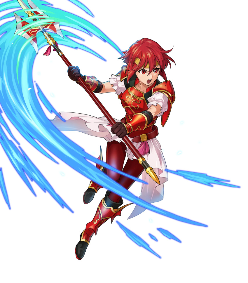1girl armor armored_boots bangs boots fire_emblem fire_emblem:_mystery_of_the_emblem fire_emblem_heroes full_body highres holding holding_weapon indesign minerva_(fire_emblem) official_art polearm red_footwear redhead short_hair skirt spear transparent_background weapon younger
