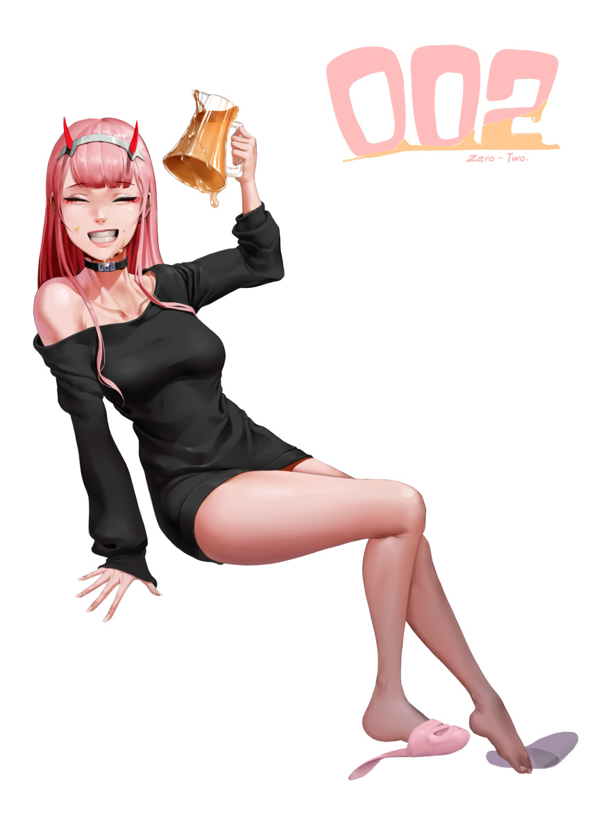 1girl absurdres bangs black_choker black_dress black_sweater calligraphy_brush_(medium) character_name choker closed_eyes collarbone darling_in_the_franxx dress dripping drunk eyebrows_visible_through_hair eyeshadow facing_viewer fang food food_on_face full_body grin hairband highres holding honey horns invisible_chair long_hair long_sleeves makeup moonlit off_shoulder oni_horns pink_eyeshadow pink_hair pink_lips pink_nails pitcher red_horns short_dress simple_background single_bare_shoulder single_slipper sitting sleeves_past_wrists slippers smile solo sweater sweater_dress teeth white_background zero_two_(darling_in_the_franxx)