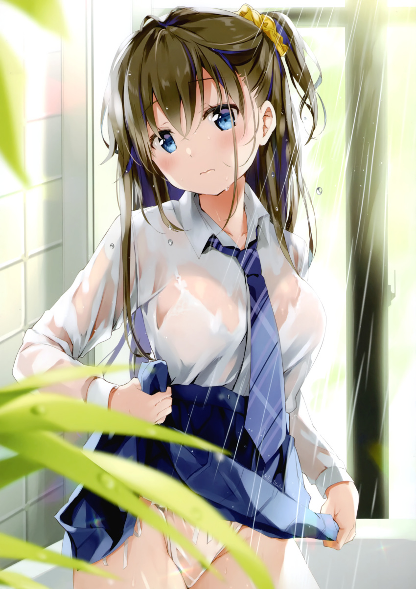 1girl absurdres artist_name bangs blue_eyes blue_skirt blush bra breasts brown_hair closed_mouth detexted eyebrows_visible_through_hair highres lifted_by_self lips long_hair long_sleeves medium_breasts melonbooks natsume_eri panties pleated_skirt school_uniform scrunchie see-through shiny shiny_hair shirt side_ponytail skirt skirt_lift solo string_panties third-party_edit tied_hair underwear water water_drop wet wet_clothes white_panties white_shirt yellow_scrunchie