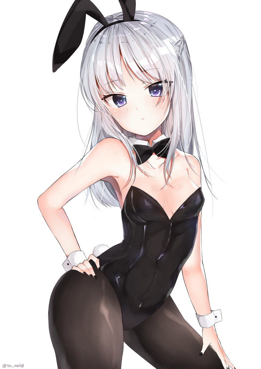 1girl absurdres animal_ears black_legwear black_leotard black_neckwear bow bowtie breasts bunny_girl bunny_tail bunnysuit chunithm commentary_request contrapposto cowboy_shot detached_collar grey_eyes hand_on_hip highres kobotoke_nagi leotard long_hair looking_at_viewer nekosuzu_an pantyhose rabbit_ears silver_hair simple_background small_breasts solo strapless strapless_leotard tail white_background wrist_cuffs