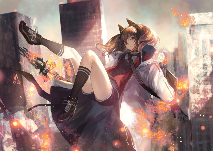 1girl angelina_(arknights) animal_ears arknights bag black_footwear black_gloves black_legwear black_shirt black_shorts brown_hair building city cityscape coat expressionless fox_ears gloves hairband highres holding holding_staff long_hair long_sleeves looking_at_viewer midair open_clothes open_coat originium_arts_(arknights) outdoors post-apocalypse red_eyes ruins shirataki_jiro shirt shoes short_shorts shorts shoulder_bag sneakers socks solo staff thighs twintails white_coat